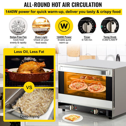 KFFKFF Commercial Convection Oven, 21L/19Qt, Quarter-Size Conventional Oven Countertop, 1440W 3-Tier Toaster w/Front Glass Door, Electric Baking Oven w/Trays Wire Racks Clip Gloves
