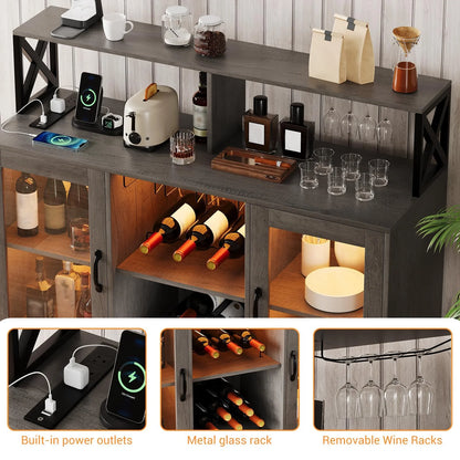 Kselythan Bar Cabinet for Home, Wine Cabinet with Power Outlets, Led Lights and and Glass Holder, Liquor Cabinet with Storage, Racks for Home, Kitchen