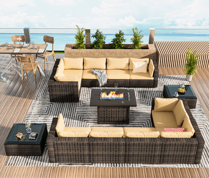 TANGJEAMER 13 Pieces All-Weather PE Rattan Sectional Sofa with Cushions,Glass Table and Fire Pit Table for Party and Family Gathering(Grey cushions)