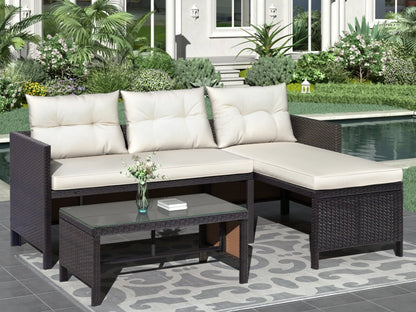 Rattan Patio Sofa Set, 4 Pieces Outdoor Sectional Furniture Set, All-Weather PE Rattan Wicker Patio Conversation Set, Cushioned Sofa Set with Glass Table & Pillows for Patio Garden Poolside Deck, B626