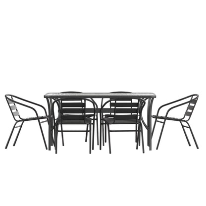 Flash Furniture 7 Piece Commercial Outdoor Patio Dining Set with 60" Tempered Glass Patio Table with Umbrella Hole and 6 Black Triple Slat Chairs