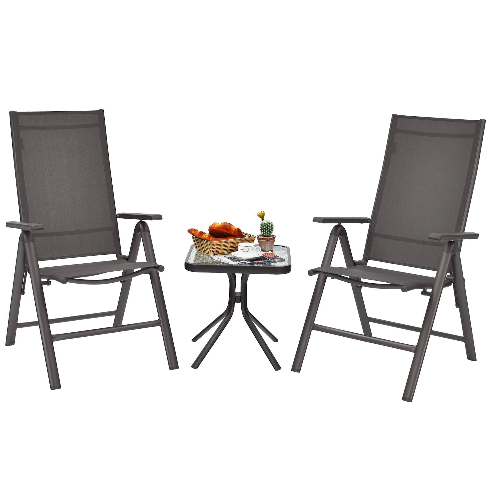 Costway 3PCS Bistro Set Folding Adjustable Chairs Square Glass Table Garden