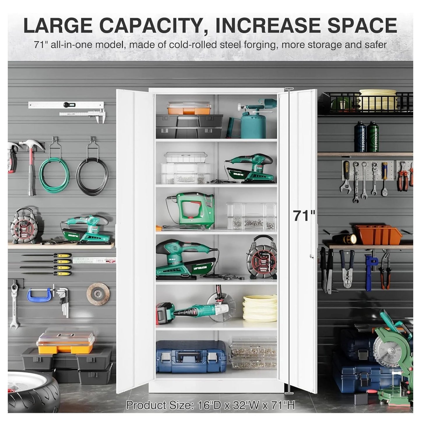 saney Black Metal Storage Cabinet with Doors and Shelves,Glass Cabinet Display Cabinet with Glass Doors,Office Cabinet with Storage Shelves and Double Doors, for Garage and Utility Room, Home Office