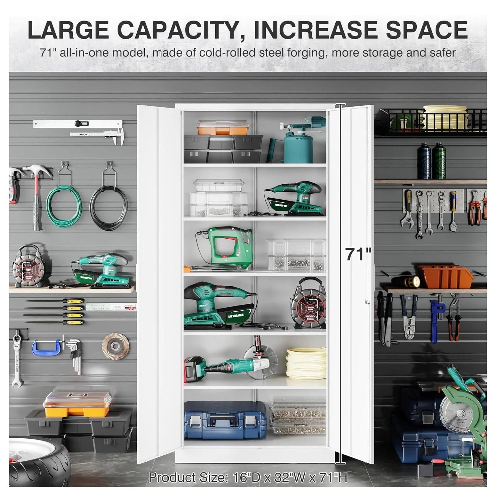 saney Black Metal Storage Cabinet with Doors and Shelves,Glass Cabinet Display Cabinet with Glass Doors,Office Cabinet with Storage Shelves and Double Doors, for Garage and Utility Room, Home Office