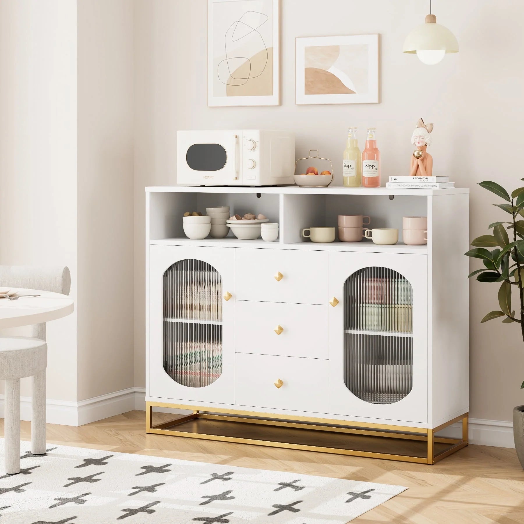 Homfa 47.2'' Sideboard Storage Cabinet, 3 Drawers Buffet Cabinet with Glass Doors for Kitchen Dining Room, White