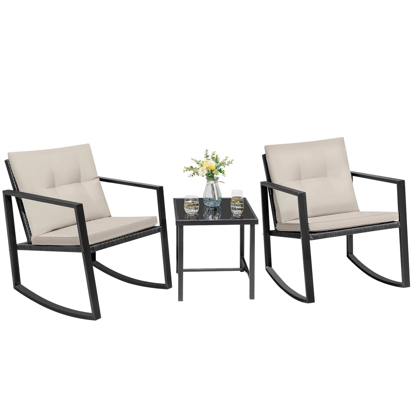 Devoko 3 Pieces Patio Furniture Sets Outdoor PE Rattan Bistro Rocker Conversation Sets with Glass Coffee Table, Beige