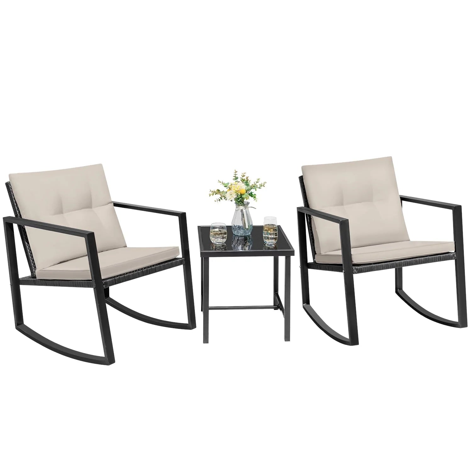 Devoko 3 Pieces Patio Furniture Sets Outdoor PE Rattan Bistro Rocker Conversation Sets with Glass Coffee Table, Beige