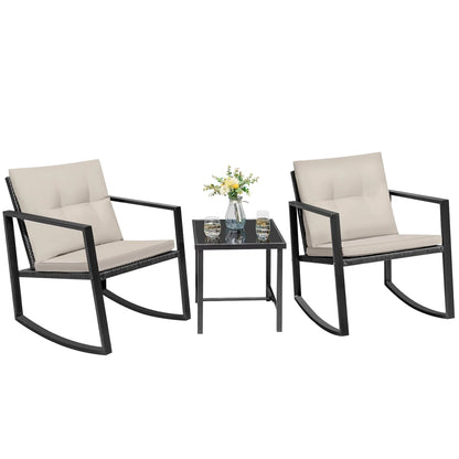 Devoko 3 Pieces Patio Furniture Sets Outdoor PE Rattan Bistro Rocker Conversation Sets with Glass Coffee Table, Beige