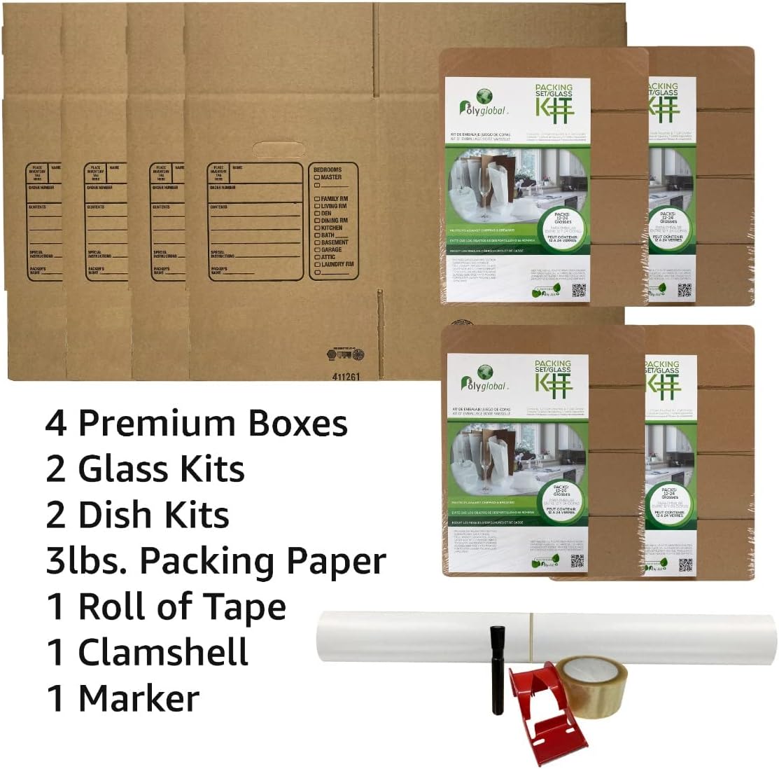 Kitchen Moving Box & Supplies Kit #1 4 Boxes with Dish/Glass Inserts