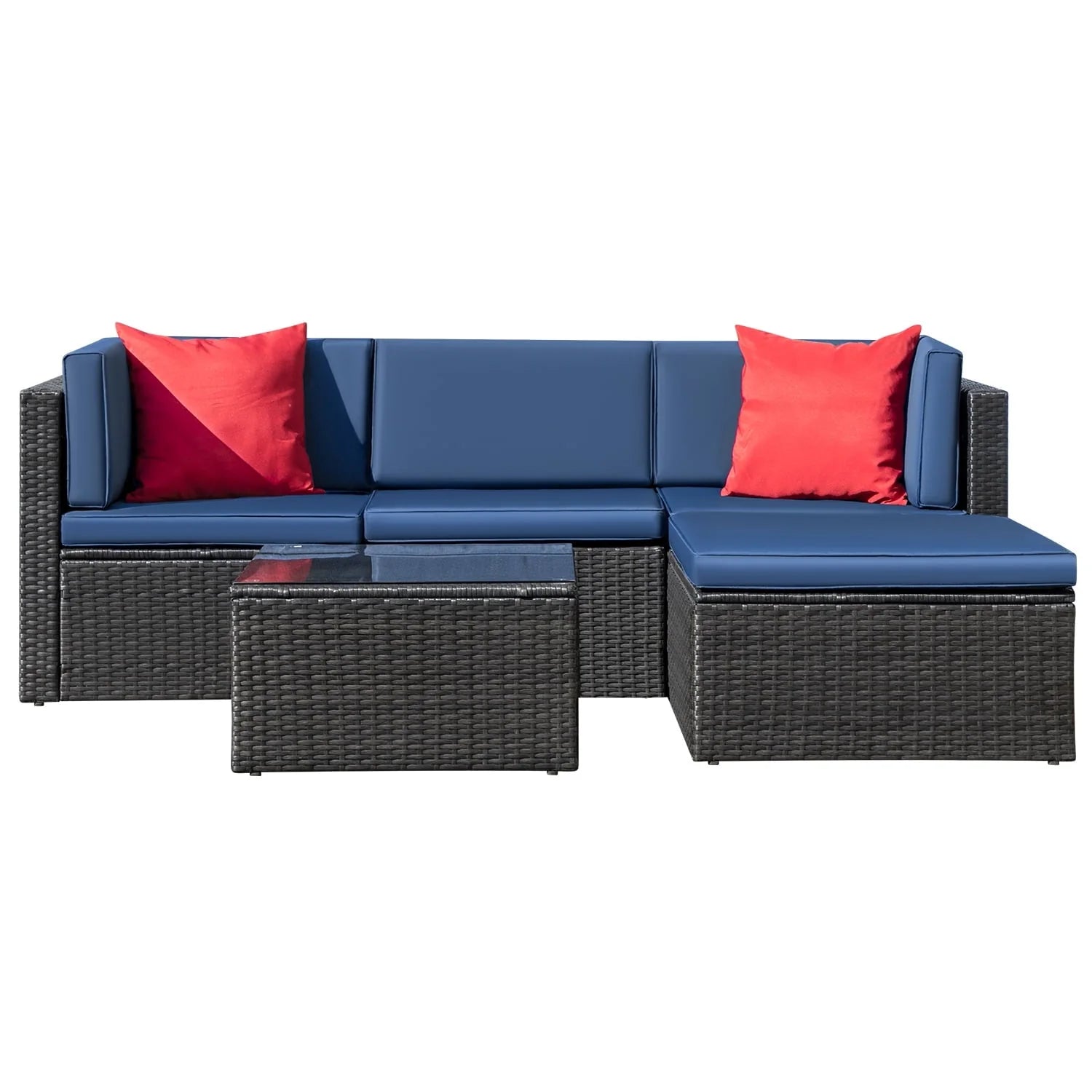 Devoko 5 Pieces Patio Furniture Sectional Set Outdoor Wicker Rattan Sofa Set Backyard Couch Conversation Sets with Pillow Cushions and Glass Table, Navy Blue