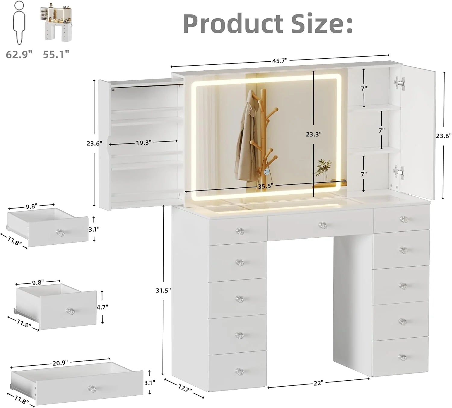 PAKASEPT Vanity Set with Lighted Mirror, Large Vanity Desk with Charging Station, Makeup Vanity Table with 11 Drawers & Hidden Sliding Storage Cabinet & Visible Glass Tabletop for Bedroom (White)
