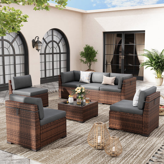Poteban 7 Pieces Outdoor Sectional Sofa Set , PE Wicker Rattan Slanted Back Outdoor Conversation with Cushions and Glass Coffee Table for Backyard Garden, Dark Gray