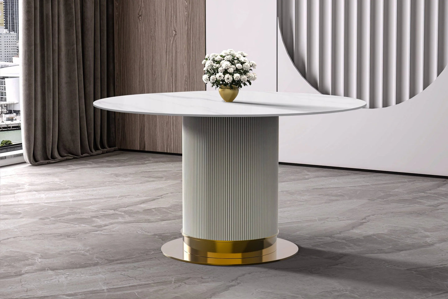 LeisureMod Jexis 60" Mid-Century Modern Round Dining Table with Glass/Sintered Stone Top and White/Gold Stainless Steel Pedestal Base for Kitchen and Dining Room (Black)