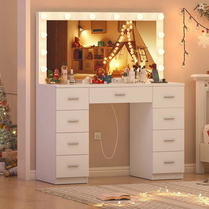 TEENFON 46" Vanity Desk with Large Lighted Mirror and Power Outlet, Makeup Vanity with 9 Drawers and Glass Desktop, Vanity Table for Bedroom, White