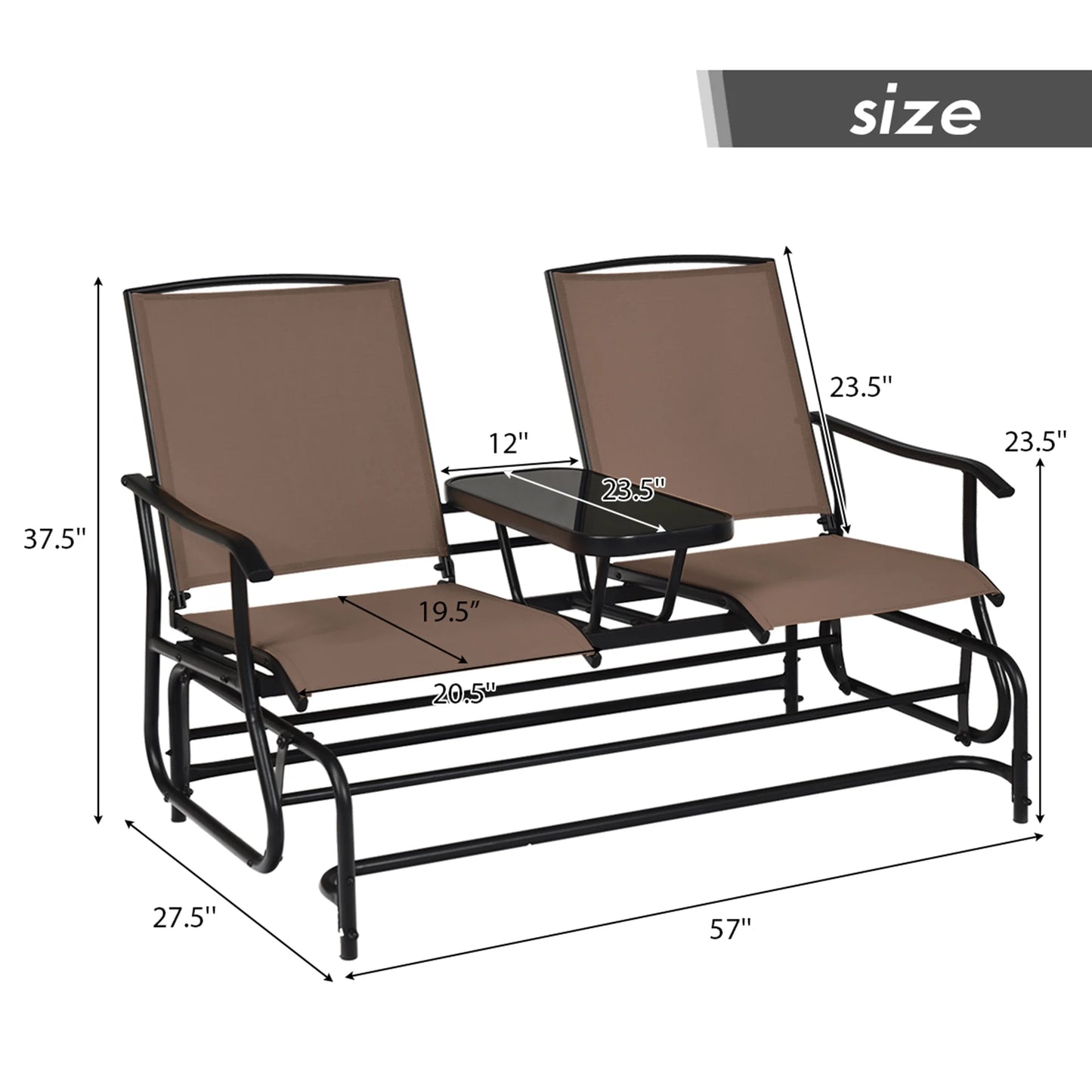 Gymax Patio 2-Person Glider Rocking Char Loveseat Garden w/Tempered Glass Table Brown