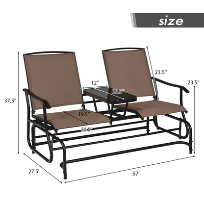 Gymax Patio 2-Person Glider Rocking Char Loveseat Garden w/Tempered Glass Table Brown