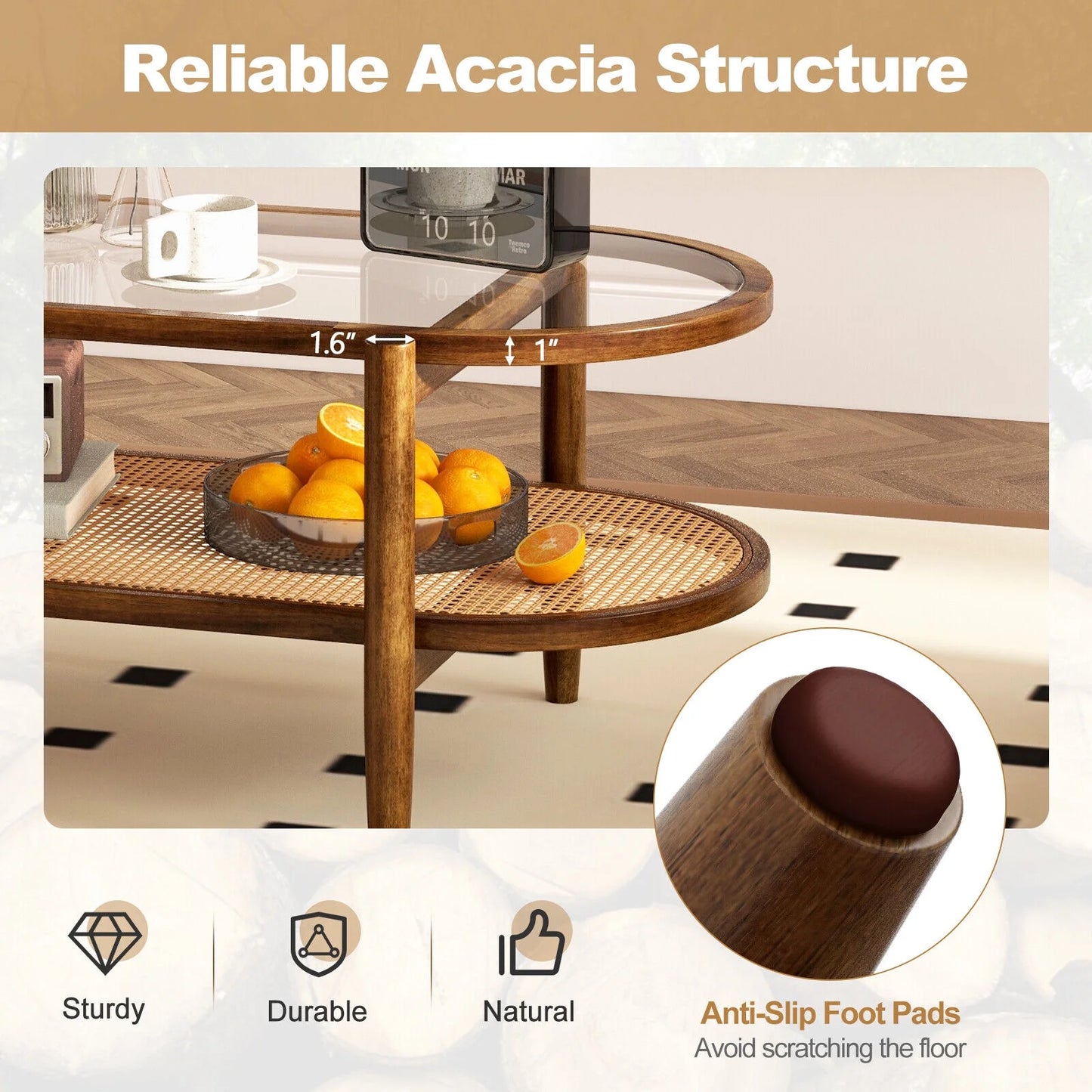 Amijoy 2-layer coffee table, tempered glass top grade coffee table, with PE rattan storage rack and acacia wood frame, center table in living room, reception room, and office, brown