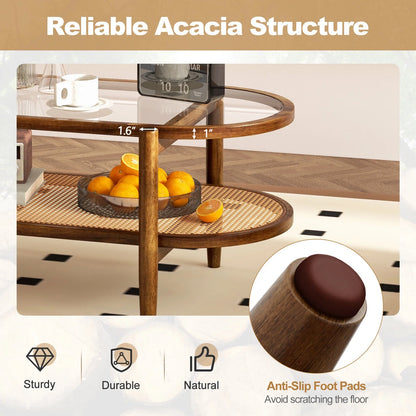 Amijoy 2-layer coffee table, tempered glass top grade coffee table, with PE rattan storage rack and acacia wood frame, center table in living room, reception room, and office, brown