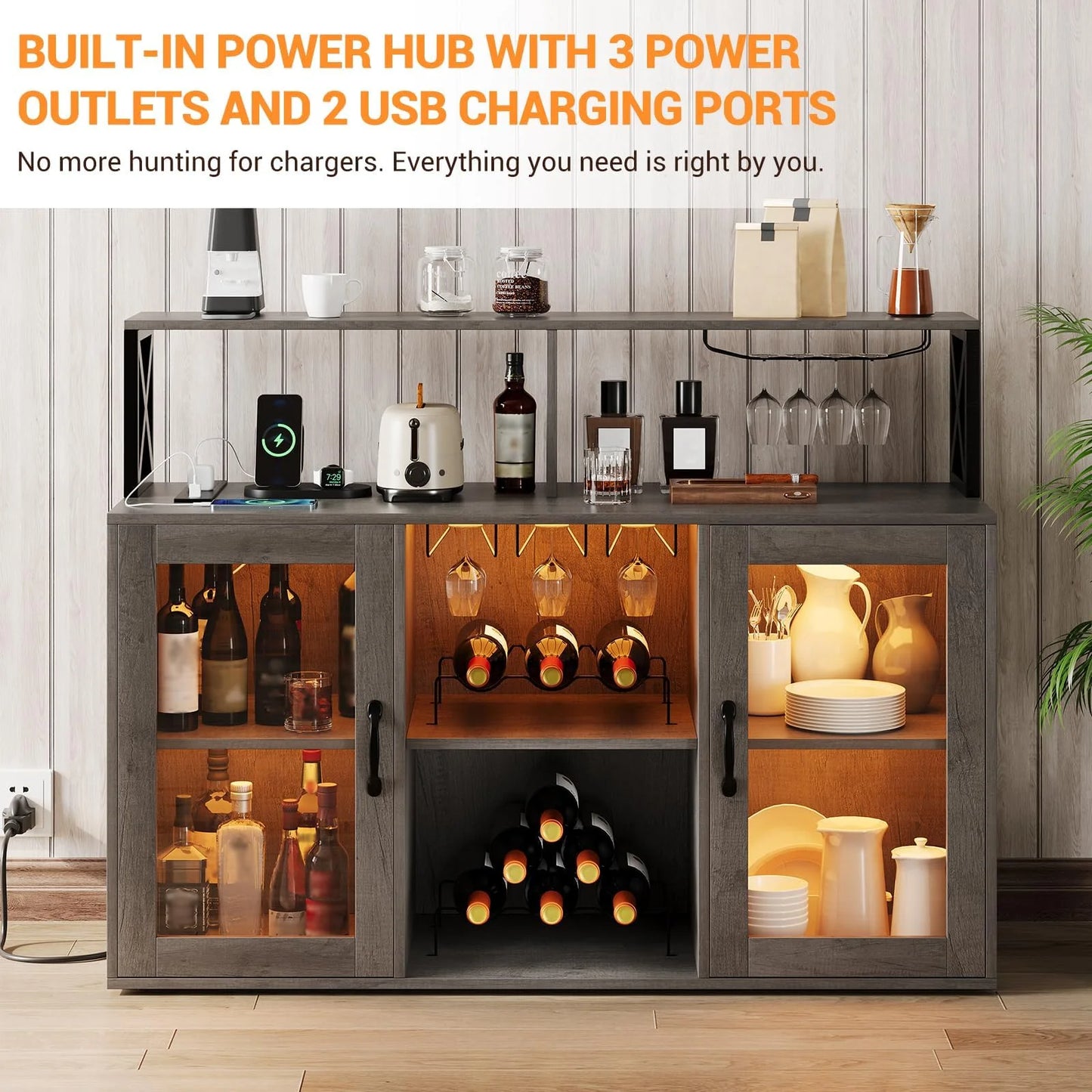 Kselythan Bar Cabinet for Home, Wine Cabinet with Power Outlets, Led Lights and and Glass Holder, Liquor Cabinet with Storage, Racks for Home, Kitchen