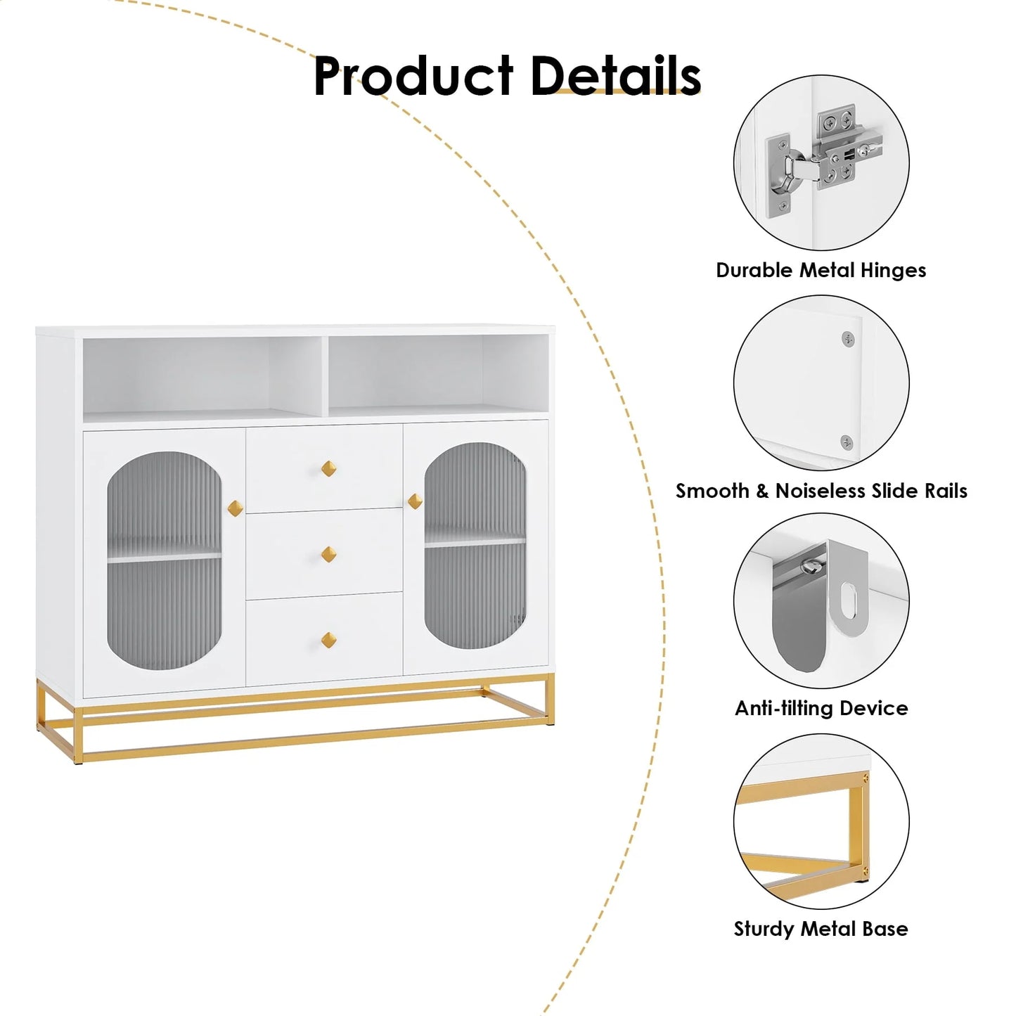 Homfa 47.2'' Sideboard Storage Cabinet, 3 Drawers Buffet Cabinet with Glass Doors for Kitchen Dining Room, White