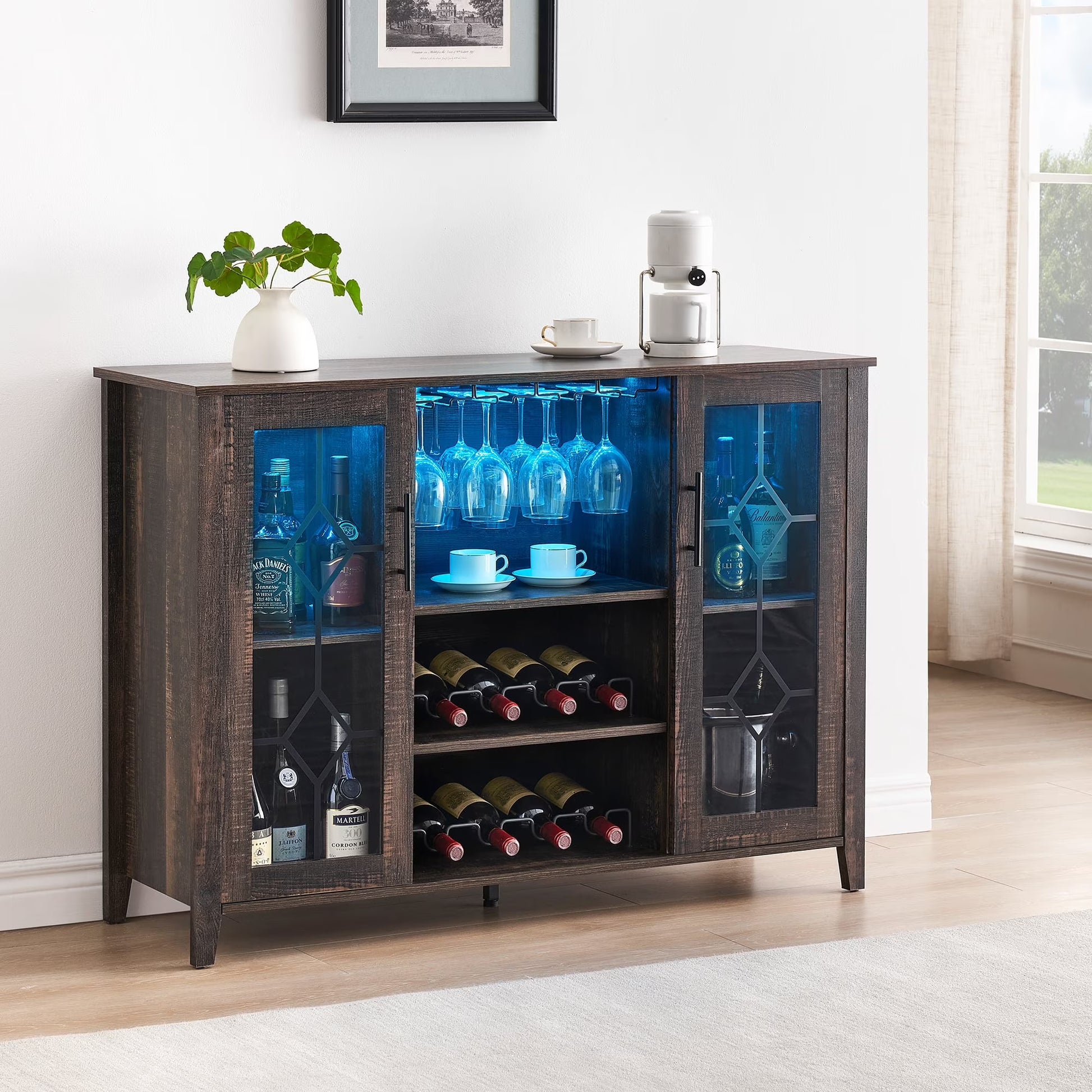 Garvee Farmhouse Wine Bar Cabinet with LED Lights, Coffee Bar Cabinet with Wine and Glasses Rack, Buffet Sideboard with Storage, Liquor Cabinet for Bar, Kitchen, Dining Room, Dark Oak
