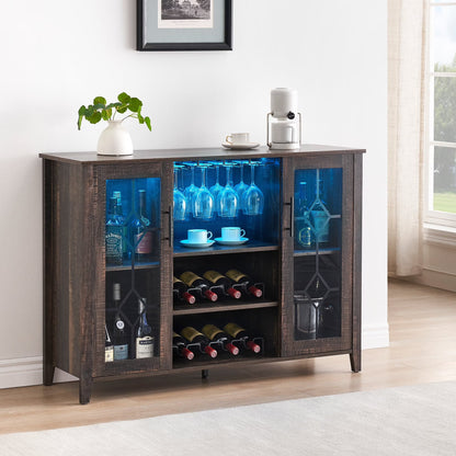 Garvee Farmhouse Wine Bar Cabinet with LED Lights, Coffee Bar Cabinet with Wine and Glasses Rack, Buffet Sideboard with Storage, Liquor Cabinet for Bar, Kitchen, Dining Room, Dark Oak