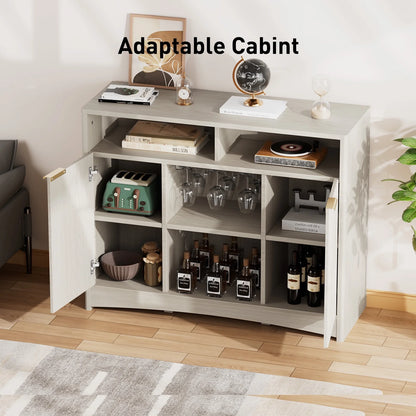 CHITOOMA Fluted Coffee Bar Cabinet with Wine Glass Rack, Modern Buffet Sideboard with Adjustable Storage Shelves and Doors, Liquor Bar Table for Dining Room or Living Room, Natural