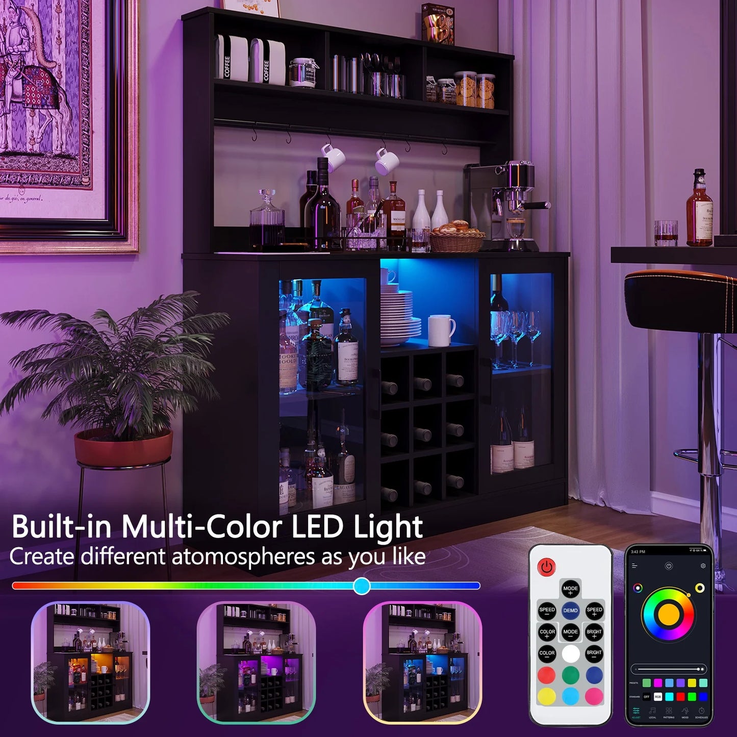 Bar Cabinet with LED Lights, Home Coffee Cabinet with Wine and Glass Rack, Buffet Sideboard with Storage Shelf for Kitchen, Modern Liquor Cabinet for Home, Black