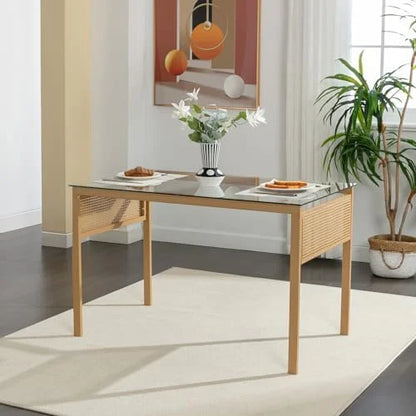 Boho 47 in Dining Table, Tempered Glass Tabletop with Rattan, Metal Legs, for Kitchen Dinner Living Room Reception