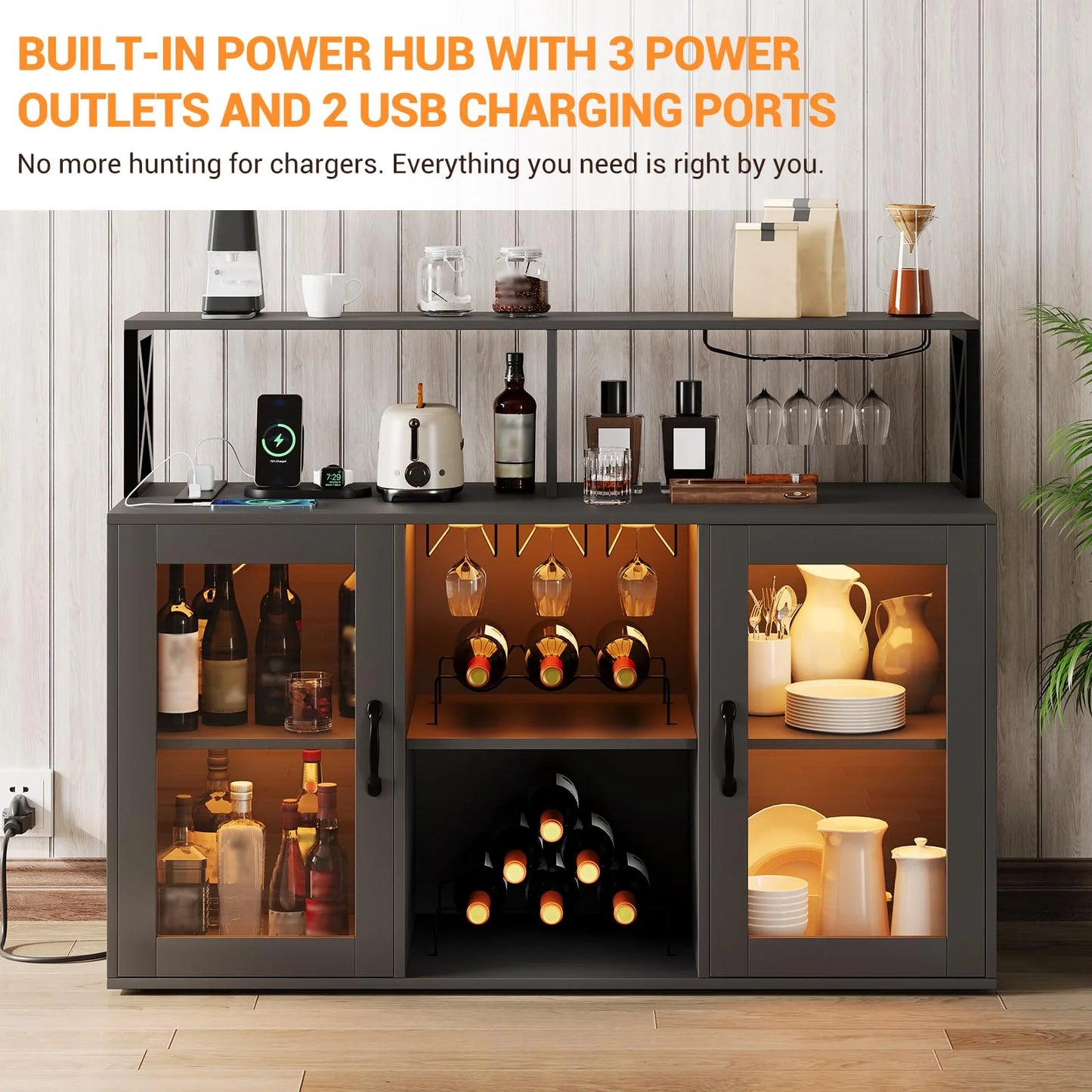 Kselythan Bar Cabinet for Home, Wine Cabinet with Power Outlets, Led Lights and and Glass Holder, Liquor Cabinet with Storage, Racks for Home, Kitchen