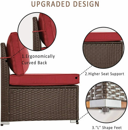 Gotland Outdoor Patio Furniture Set 6 Piece Sectional Rattan Sofa Set Rattan Wicker Patio Conversation Set with 5 Seat Cushions and 1 Tempered Glass Table,Red