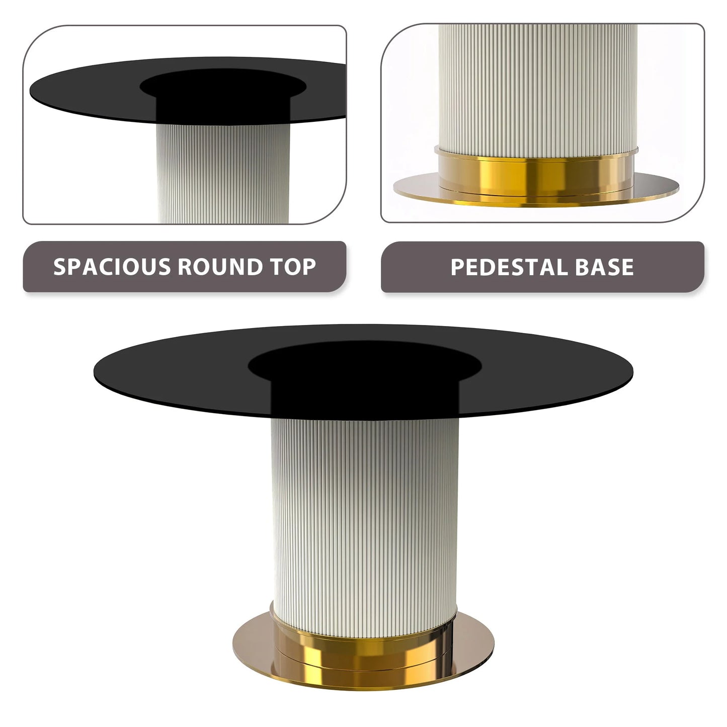 LeisureMod Jexis 60" Mid-Century Modern Round Dining Table with Glass/Sintered Stone Top and White/Gold Stainless Steel Pedestal Base for Kitchen and Dining Room (Black)