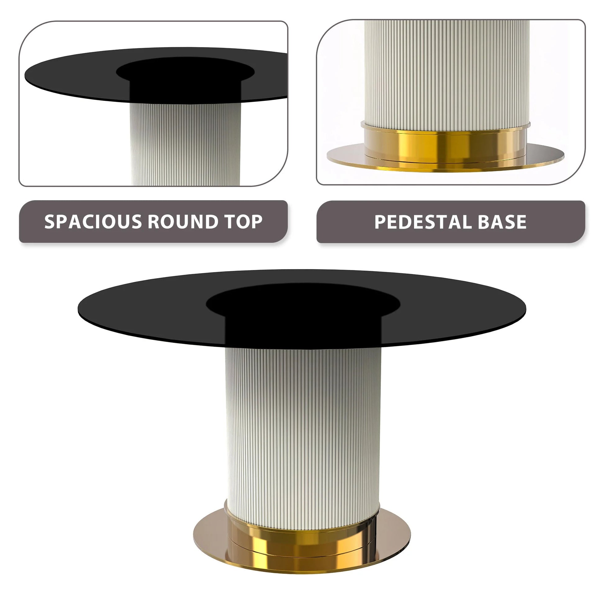 LeisureMod Jexis 60" Mid-Century Modern Round Dining Table with Glass/Sintered Stone Top and White/Gold Stainless Steel Pedestal Base for Kitchen and Dining Room (Black)