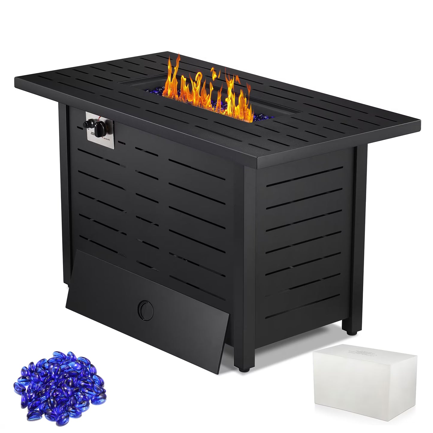 LHRIVER 43" Propane Fire Pit Table, 50,000 BTU Outdoor Windproof Gas Fire Pit with Lid, Smokeless Glass Rocks, Cover