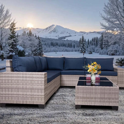HISUKOY 7-Piece Wicker Modular All Weather Outdoor Conversation Sets with Washable Cushions and Glass Table