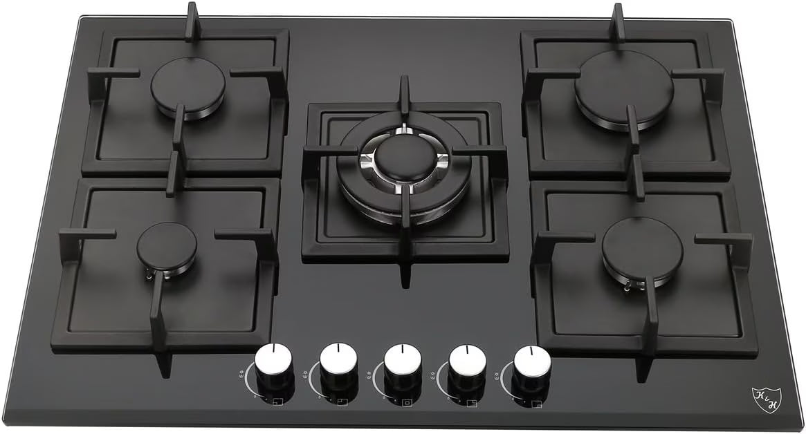 K& H 5 Burner 30 Inch Built-in LPG/Propane Gas Stove Top Glass Surface Cast Iron Cooktop UL/ETL Certified 5-GCW-LPG