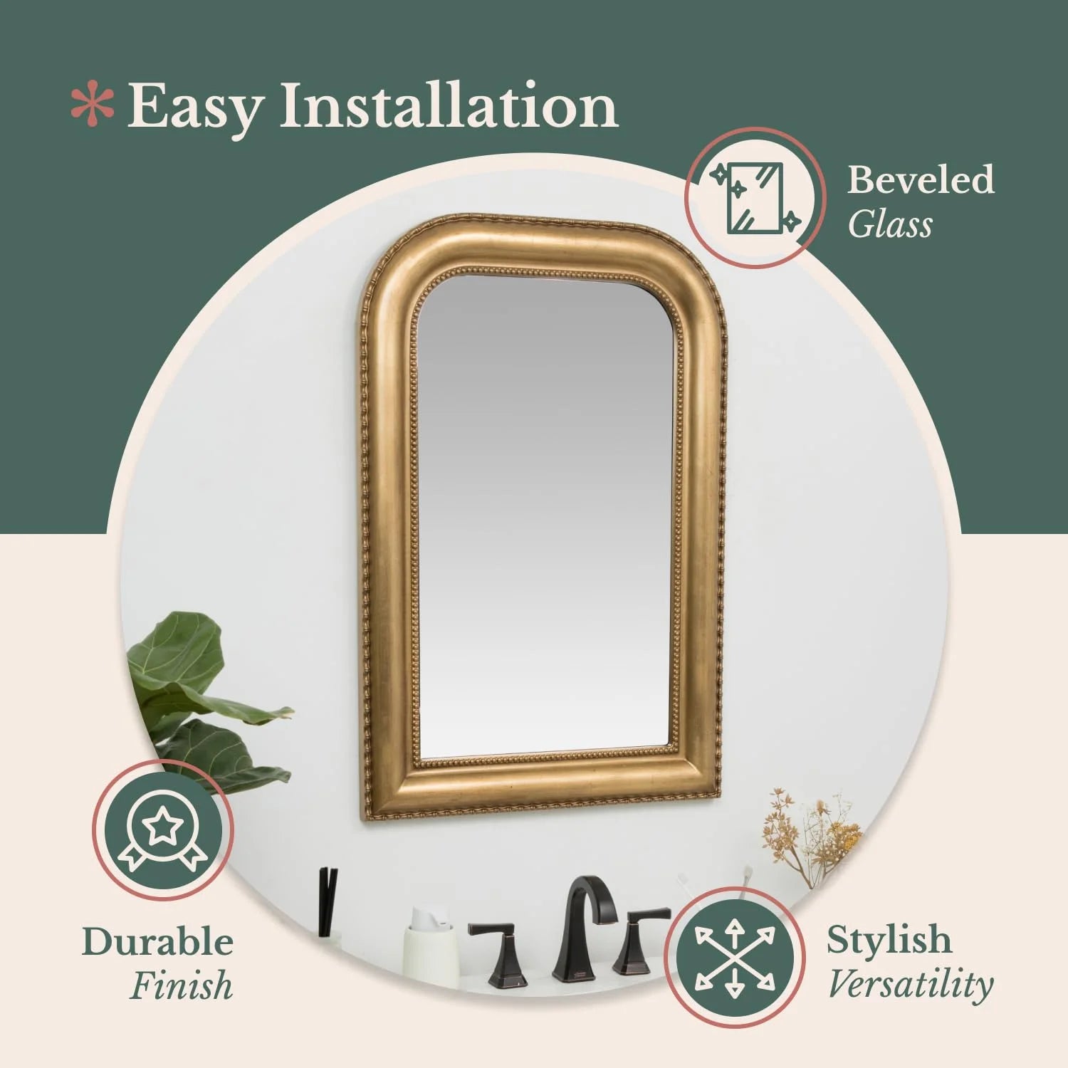 Hamilton Hills 36" x 24" Classic Gold Framed Polished Glass Top Round Corner Mirror - Thick Arched Top Rich Wall Mirror - Vanity for Bathroom Decor, Bedroom, Living Room - Hangs Horizontal or Vertica