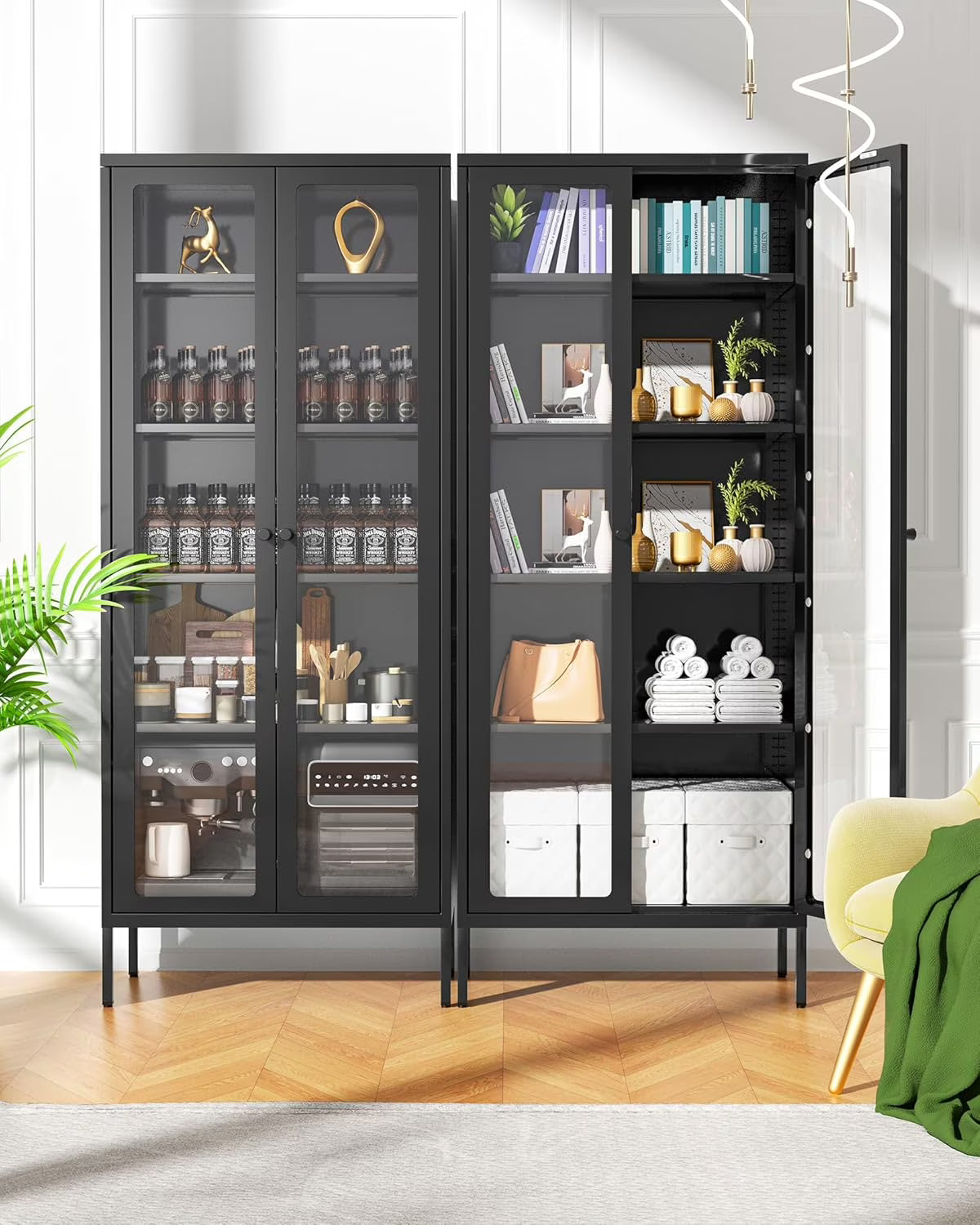 SUNCROWN Metal Storage Cabinet, Curio Display Cabinet with 2 Glass Display Door and 4 Shelves, Side Storage Organize, Modern Bookshelf Cabinet for livingroom, Bedroom, Kitchen, Black