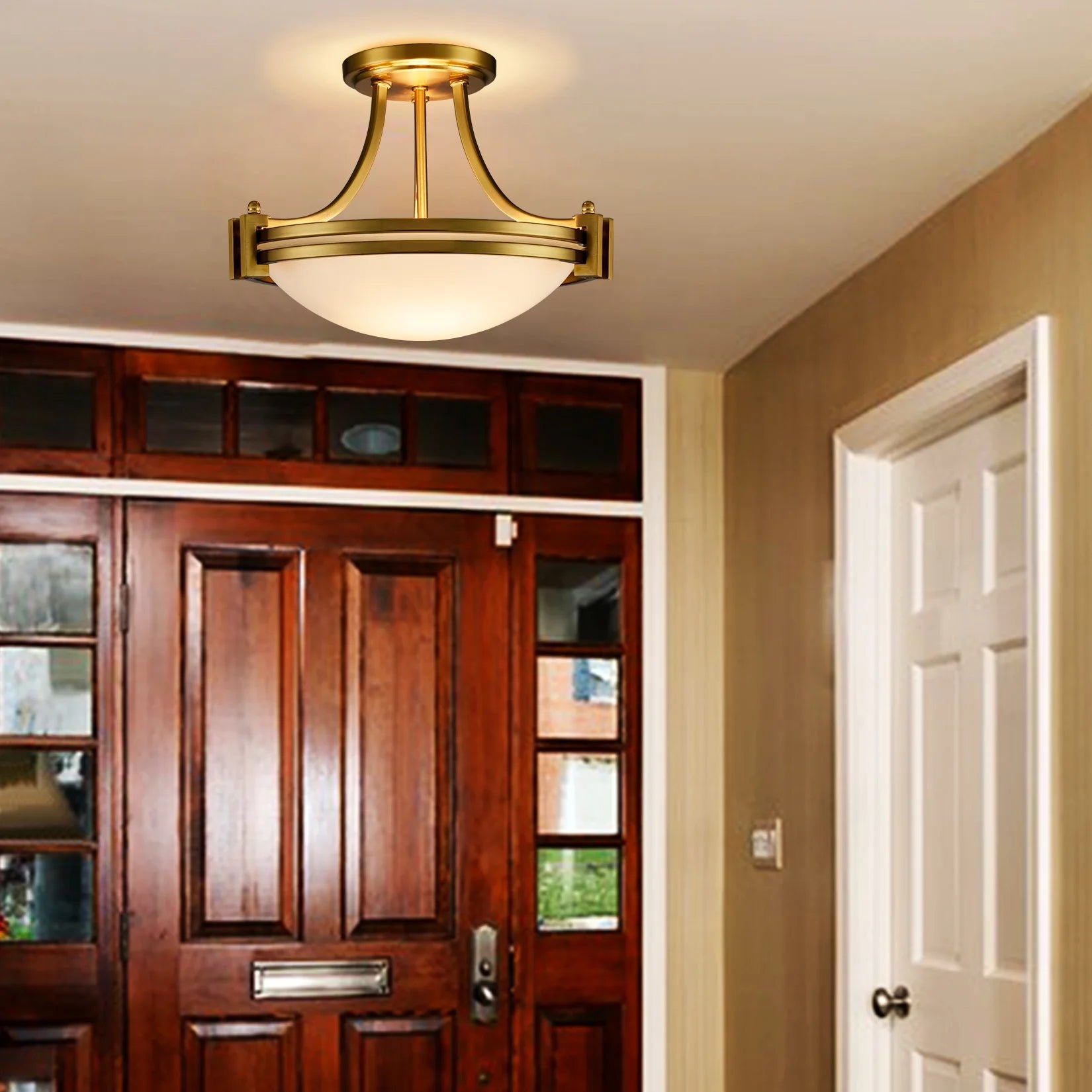 Modern Gold Semi Flush Mount 2-Light Milk Glass Ceiling Light Fixture