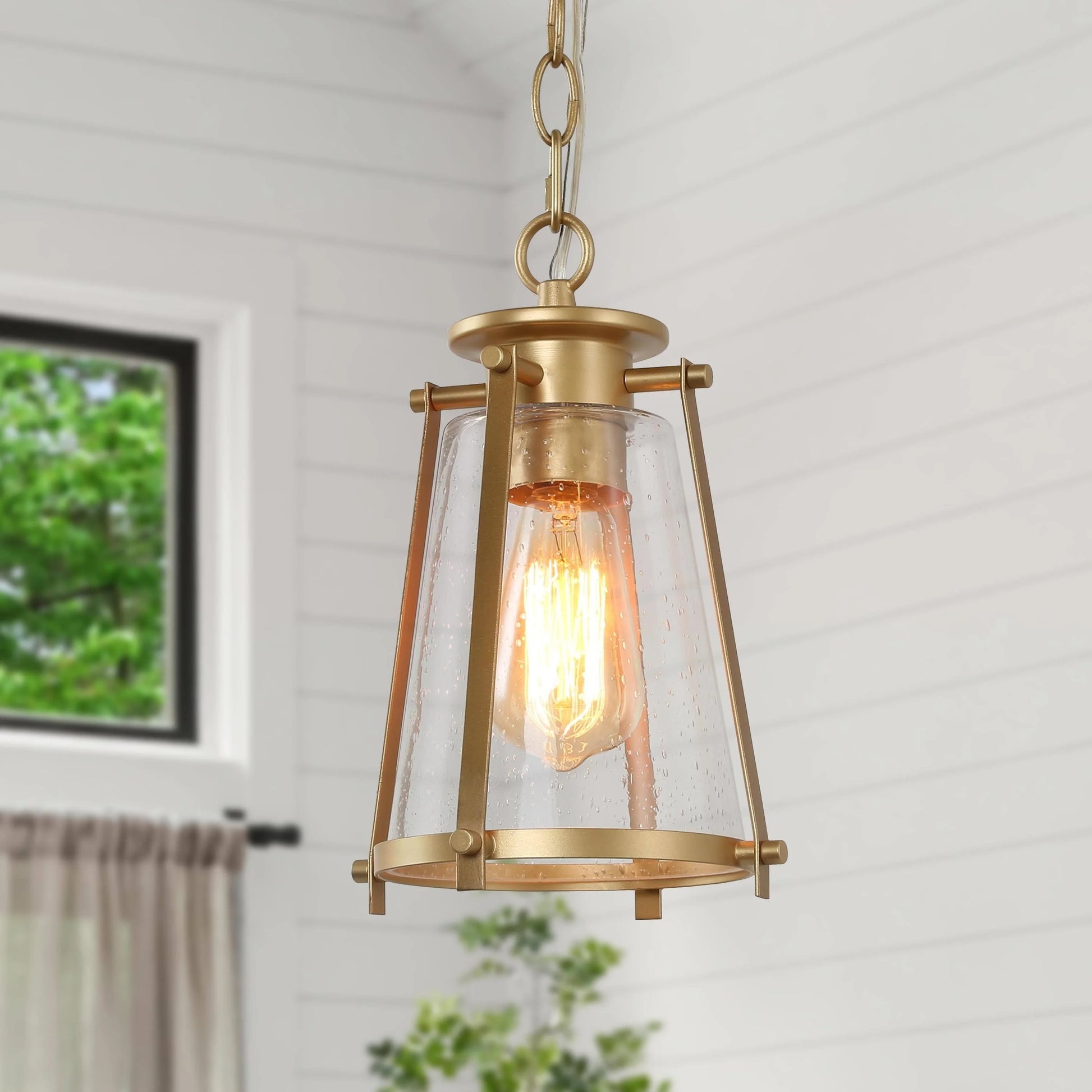 LNC Mid-Century Modern 1-Light Gold Lantern Glass Pendant Lights for Kitchen Island W 7.5"x H 11" Brushed