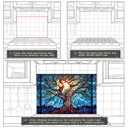 Mosaic Tree of Life Tempered Glass Backsplash For Kitchen Behind Stove,Stove Back Top Cover,Easy to Clean Glass Splashback, Sink Cover Splash Guard,Home Kitchen Wall Decor
