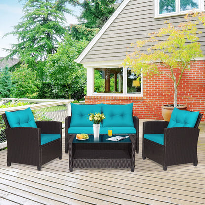 Gymax 4PCS Outdoor Conversation Set Patio PE Rattan Set w/Glass Table & Sofa Cushions Turquoise