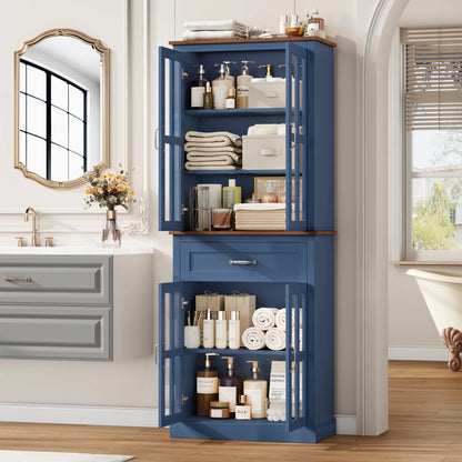 Homfa 71" Tall Bathroom Cabinet with Glass Doors, Freestanding Linen Cabinet with Drawer & Adjustable Shelves, Blue