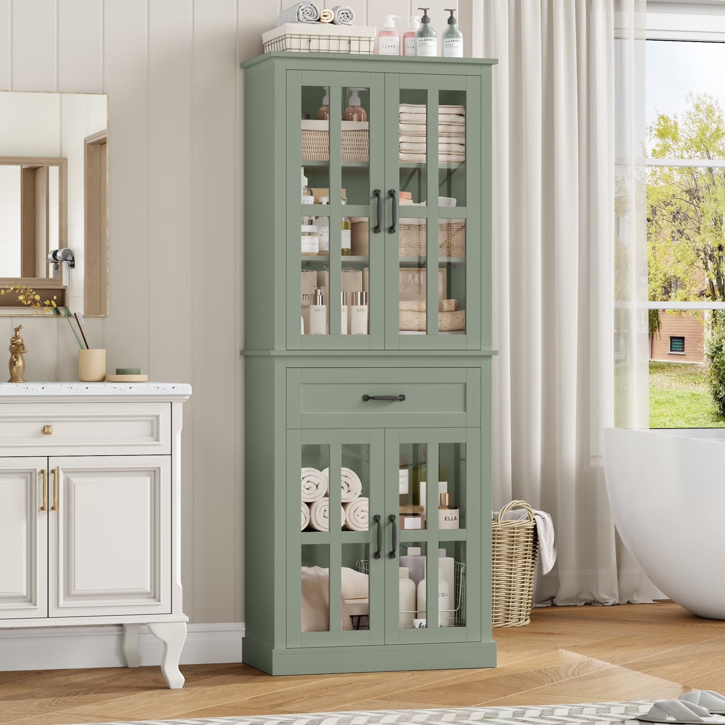 Homfa 71" Tall Bathroom Cabinet with Glass Doors, Freestanding Linen Cabinet with Drawer & Adjustable Shelves, Blue