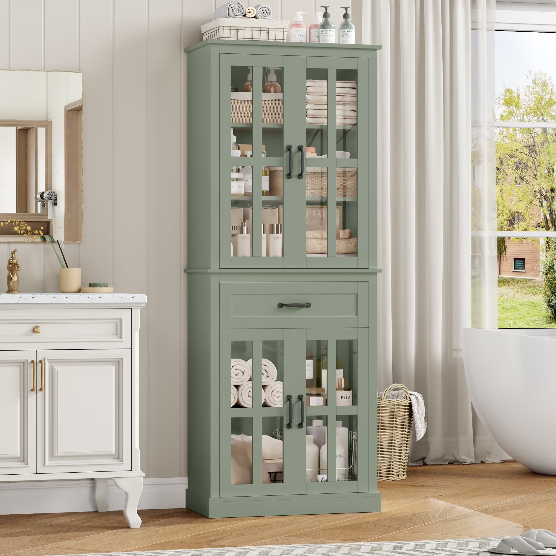 Homfa 71" Tall Bathroom Cabinet with Glass Doors, Freestanding Linen Cabinet with Drawer & Adjustable Shelves, Blue