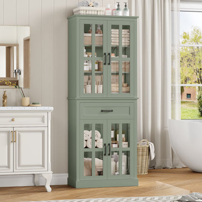 Homfa 71" Tall Bathroom Cabinet with Glass Doors, Freestanding Linen Cabinet with Drawer & Adjustable Shelves, Blue