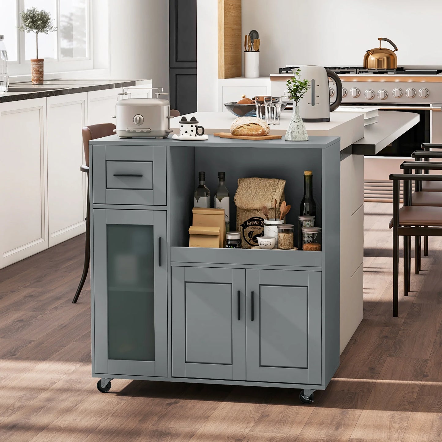 Gymax Kitchen Island Cart on Wheels Microwave Cabinet w/Frosted Tempered Glass Door