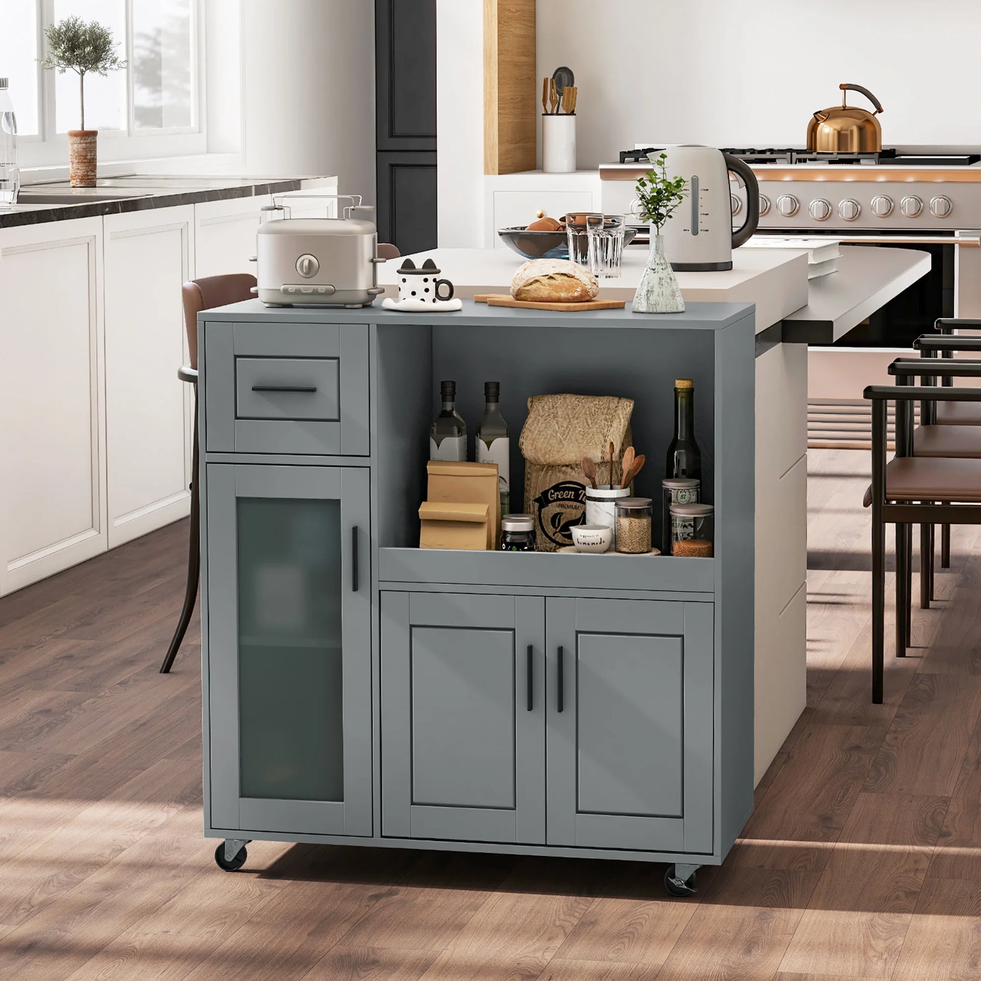 Gymax Kitchen Island Cart on Wheels Microwave Cabinet w/Frosted Tempered Glass Door