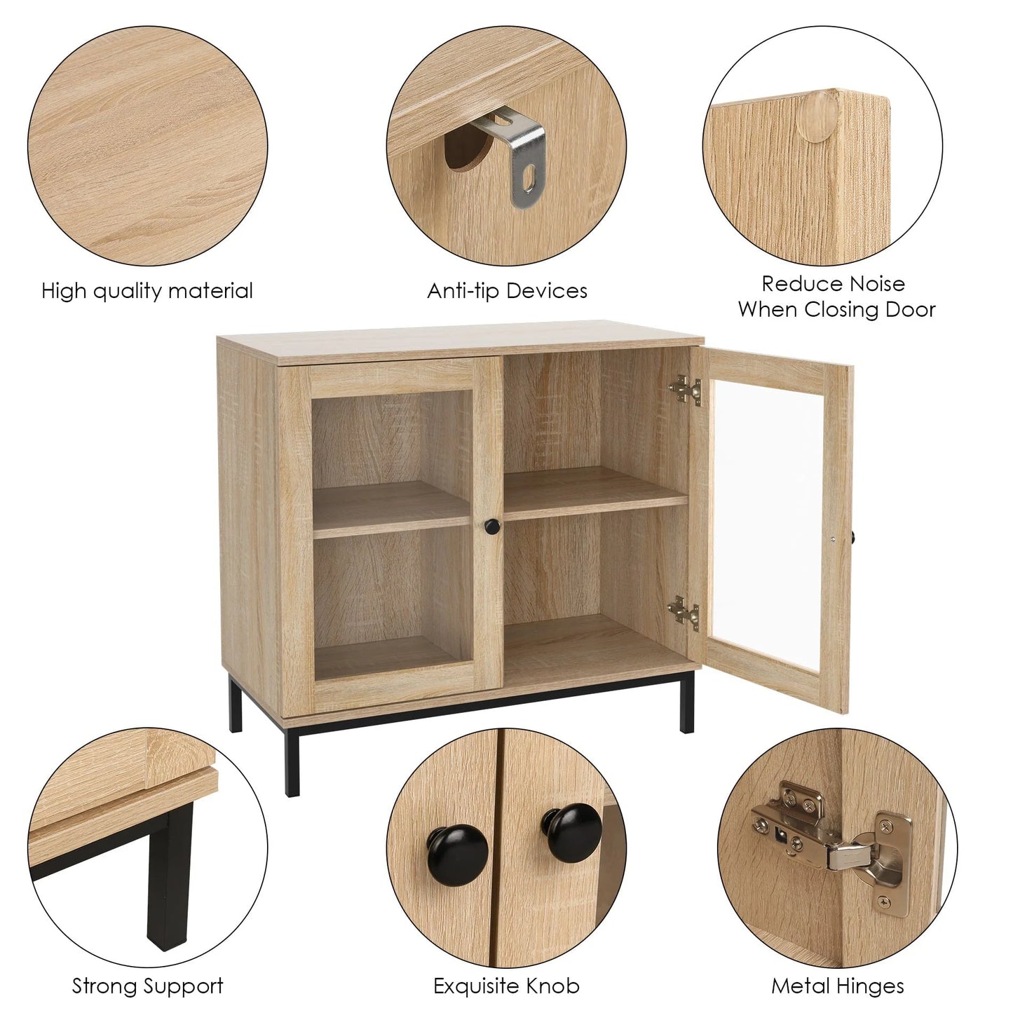 Homfa Wide Accent Cabinet with Glass Doors, Adjustable Shelves Display Cabinet with Metal Base, Oak