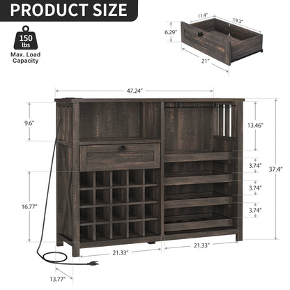 DWVO 47" Wine Bar Cabinet, Wine Cabinet with Charging Station and 16 Adjustable LED Light for Kitchen Living Room, Wine Bar Stand for Liquor and Glasses, Rustic Brown